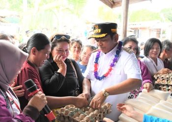 Wakil Bupati Barito Selatan Khristianto Yudha didampingi Kadis DKPP Ida Safitri bersama para pembeli di acara bazar pangan murah
